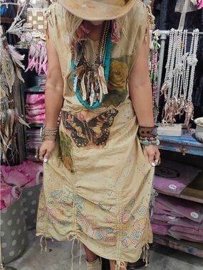 Boho Midi Dress with Butterfly & Rose Motif in Beige